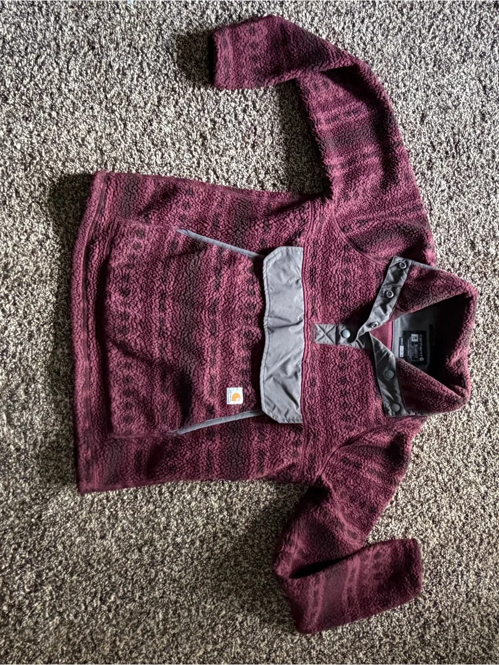Carhartt Women's Burgundy Teddy Fleece Pullover Jacket with Gray Pocket